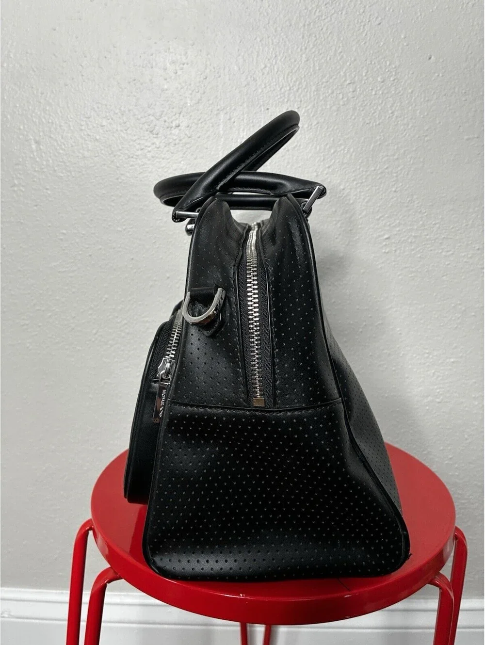 Michael Kors Hanover Black Perforated Leather Satchel Handbag Crossbody Strap